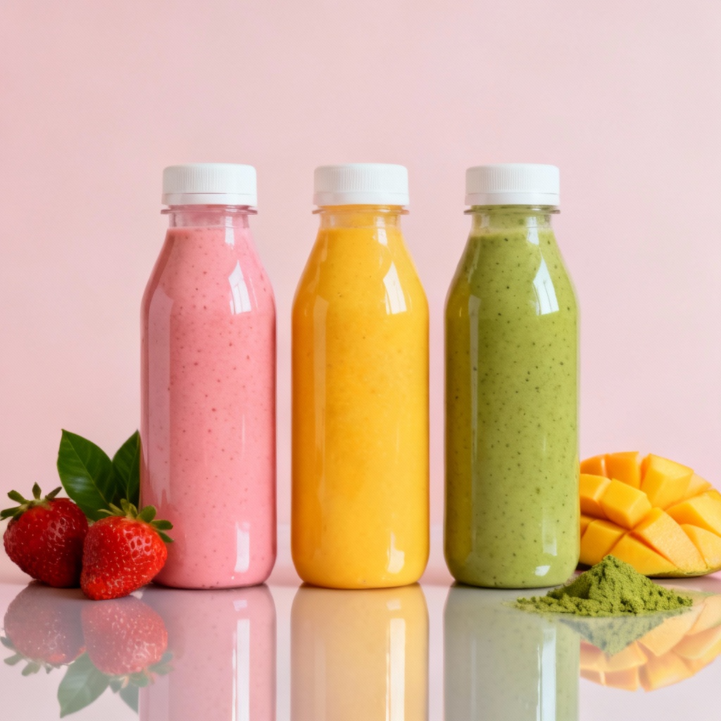 AI smoothie bottles in bold colors on pastel background