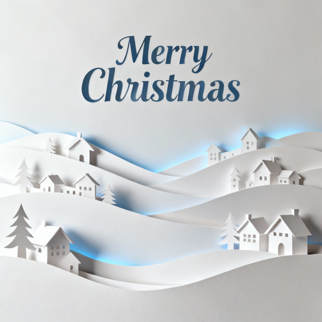 Paper-cut winter village on a white Christmas poster with layered snow