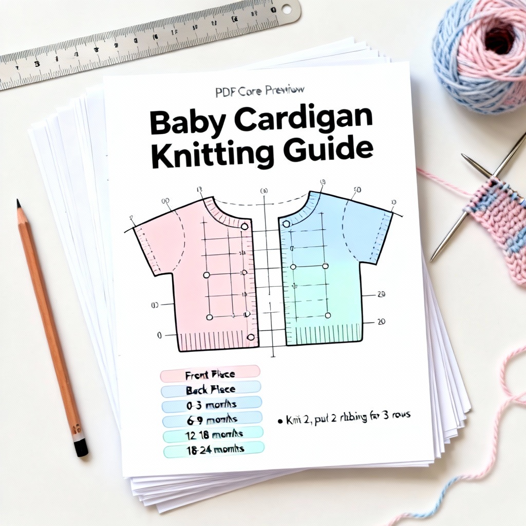 AI baby cardigan schematic with size grading and measurements