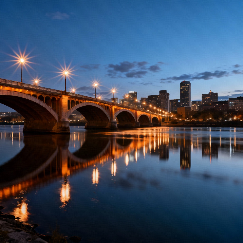 Riverfront night skyline with illuminated bridges