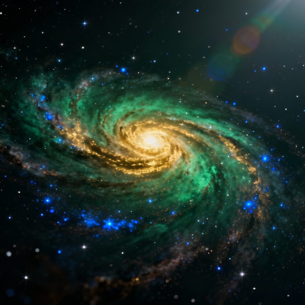 AI emerald spiral galaxy with bright core and dust lanes