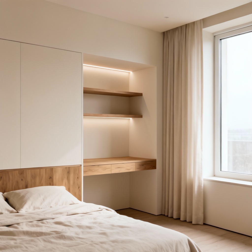 AI minimalist girls room with clean study nook and soft beige palette