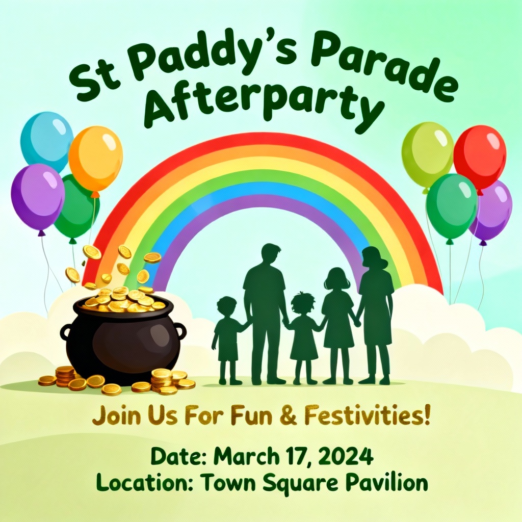 AI family-friendly St Patrick's Day parade afterparty invitation