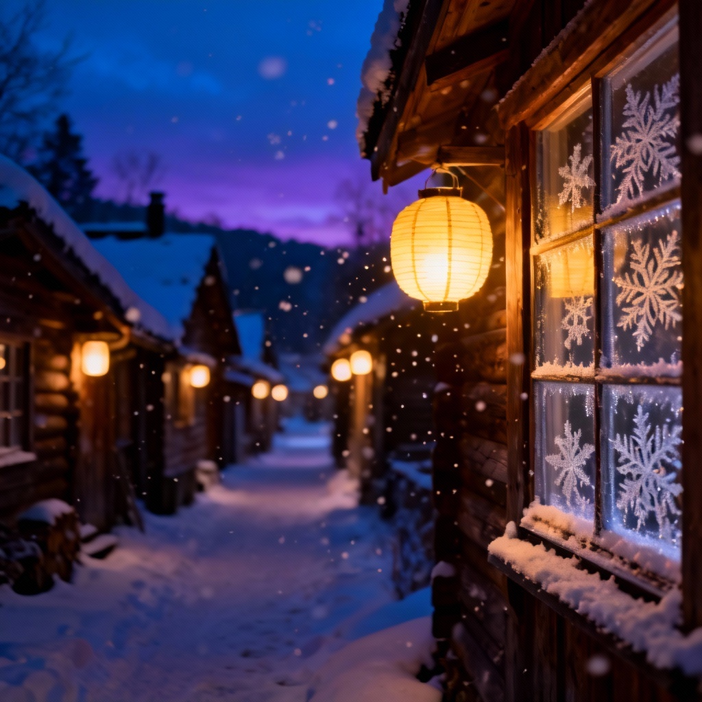 AI snowy village lane with lanterns and wooden chalets