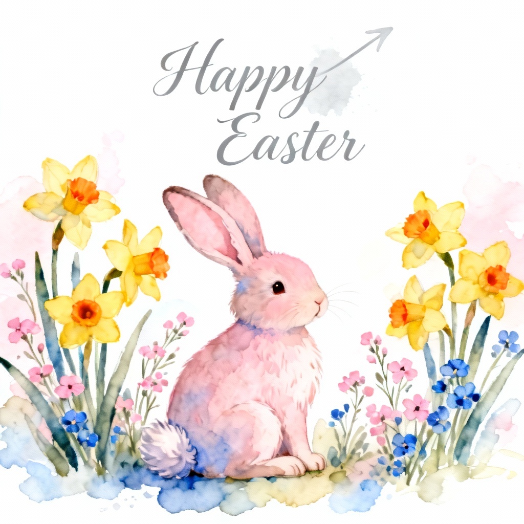 Watercolor Easter bunny greeting card with florals