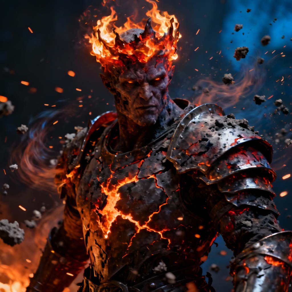 AI fire and ash warlord portrait