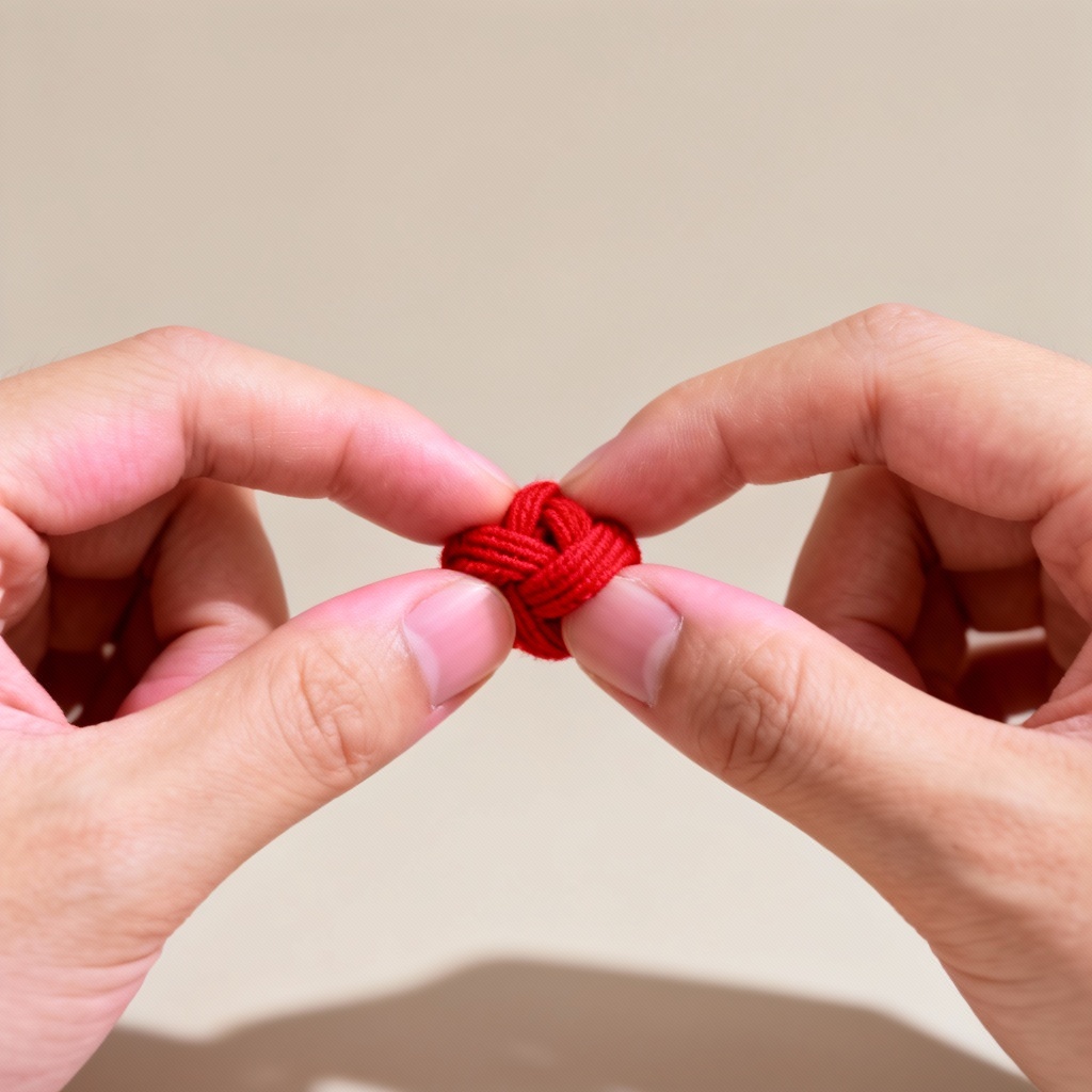 Close-up of hands tying a red fate knot