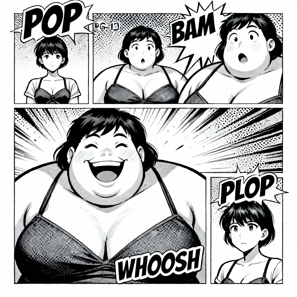 Clothed comic transformation sequence with humorous sound effects