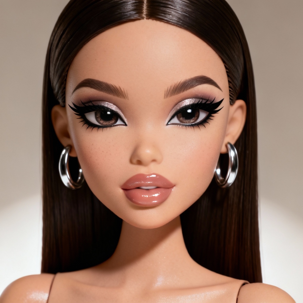 AI Bratz glam headshot with bold eyeliner and gloss