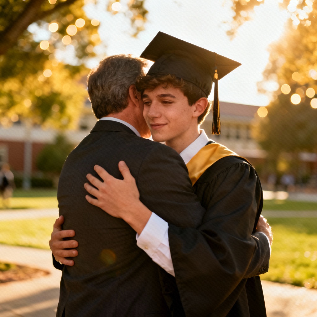 AI father hugging his son in a graduation gown