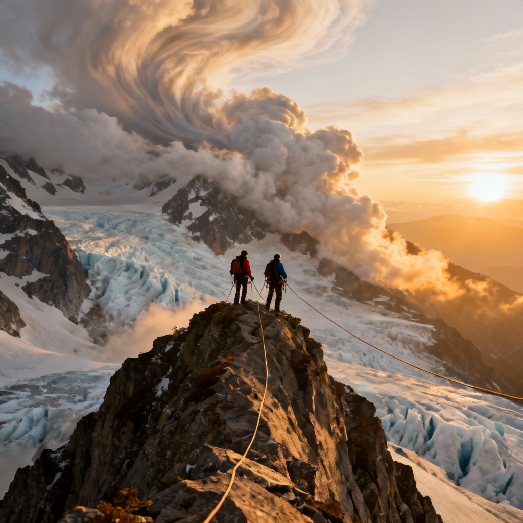 AI alpine climbers traversing a narrow ridge at sunrise