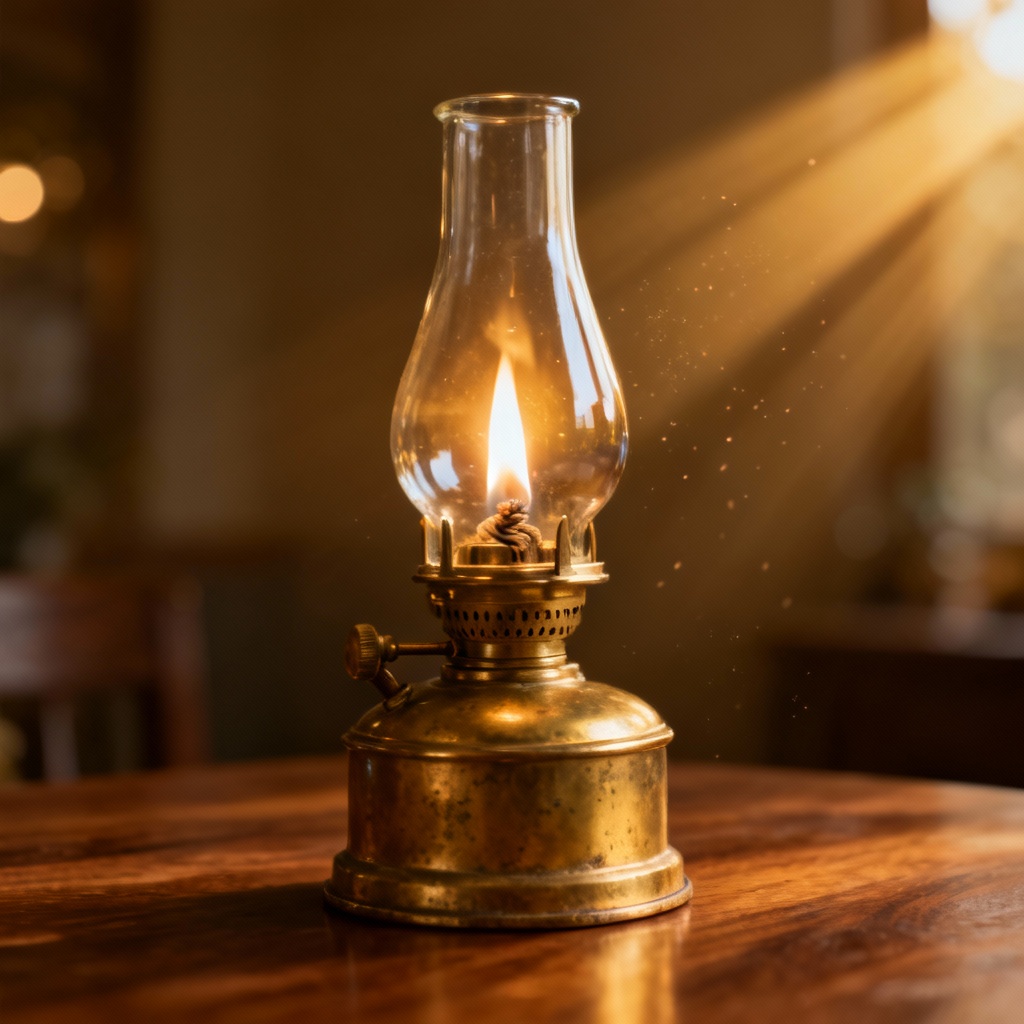 Photorealistic brass oil lamp with glass chimney on a rustic table