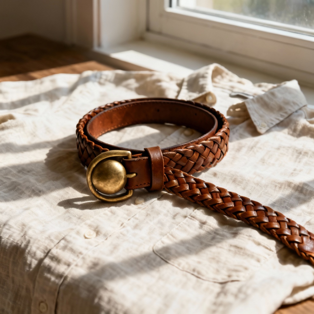 AI braided chestnut leather belt with brass buckle