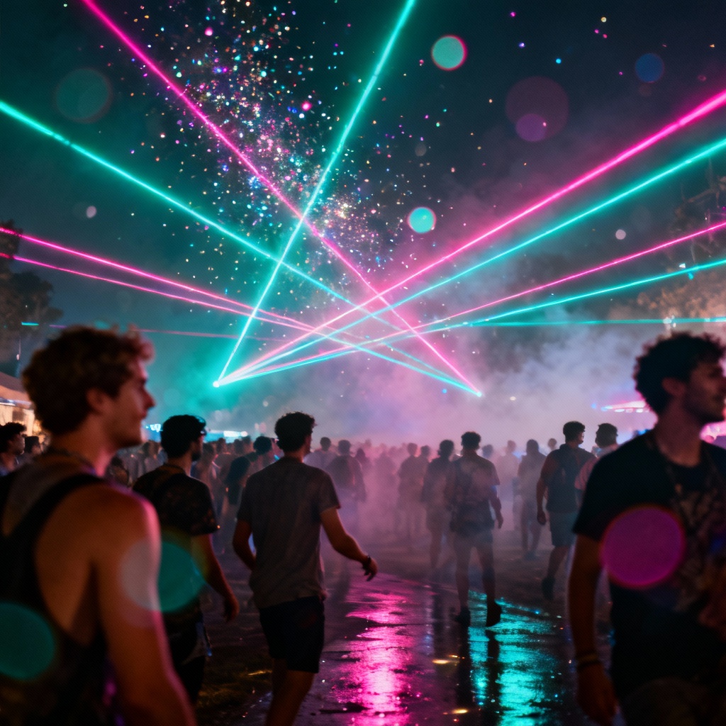 AI Festival Photo With Neon Lights And Confetti Overlay