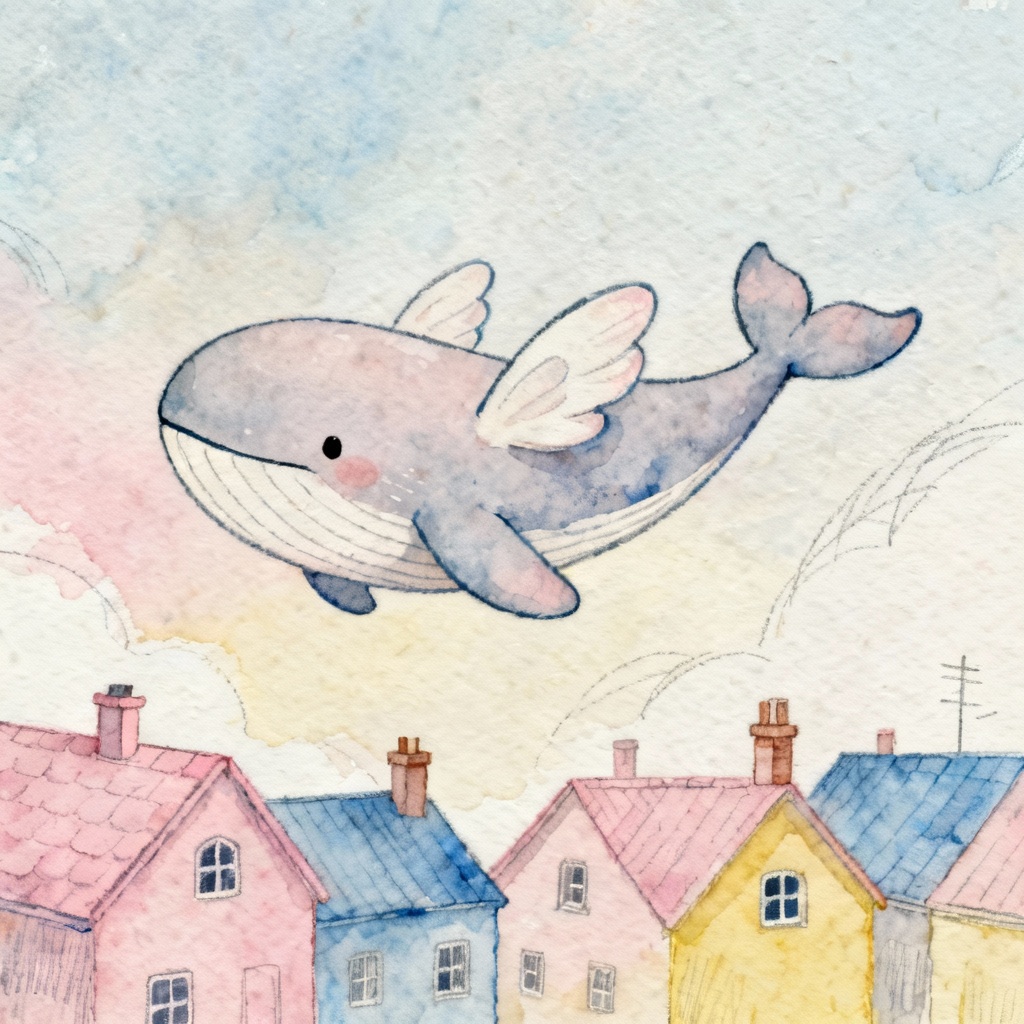 Whimsical watercolor cartoon whale over a town