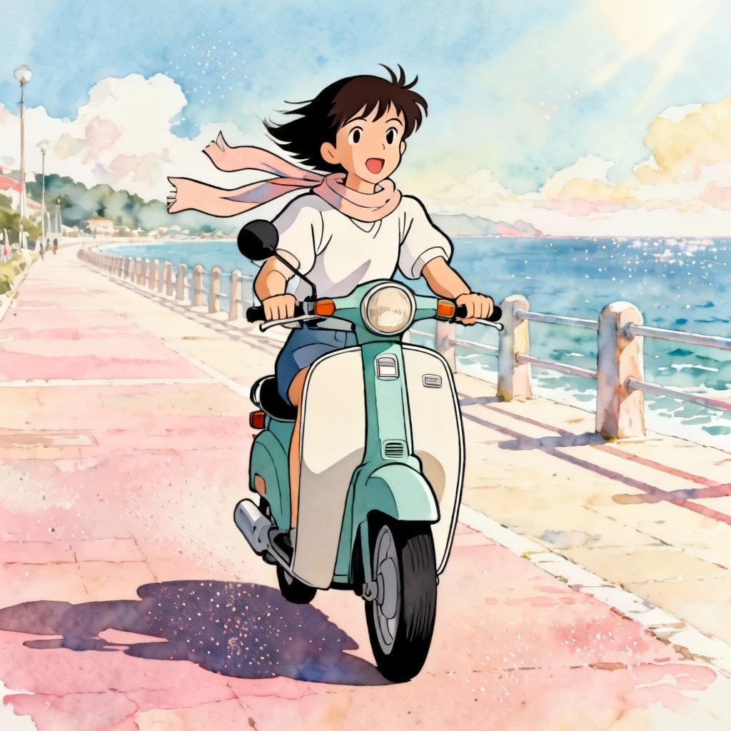 Retro anime scooter ride by the bay