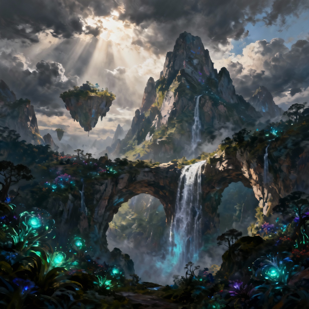 AI fantasy floating mountain islands with waterfalls