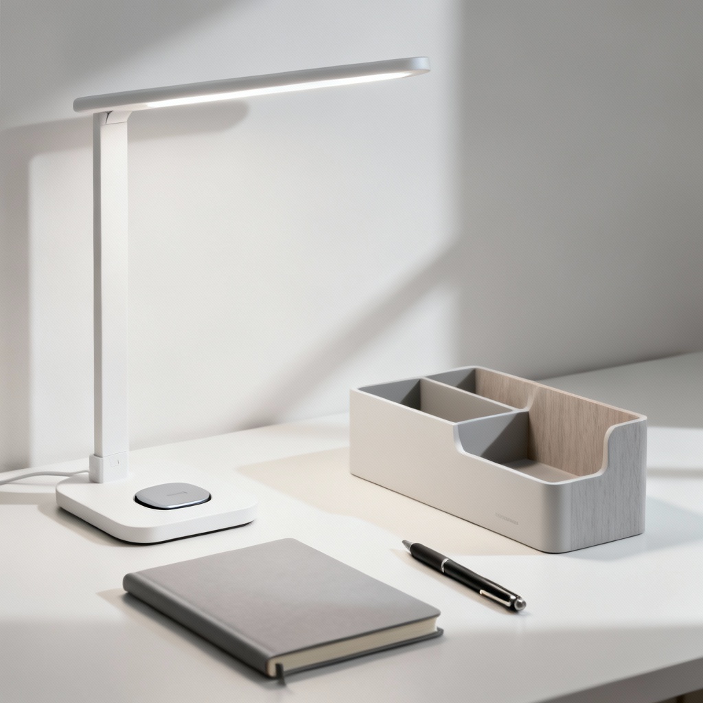 Minimalist desk upgrade kit with organizer and lamp