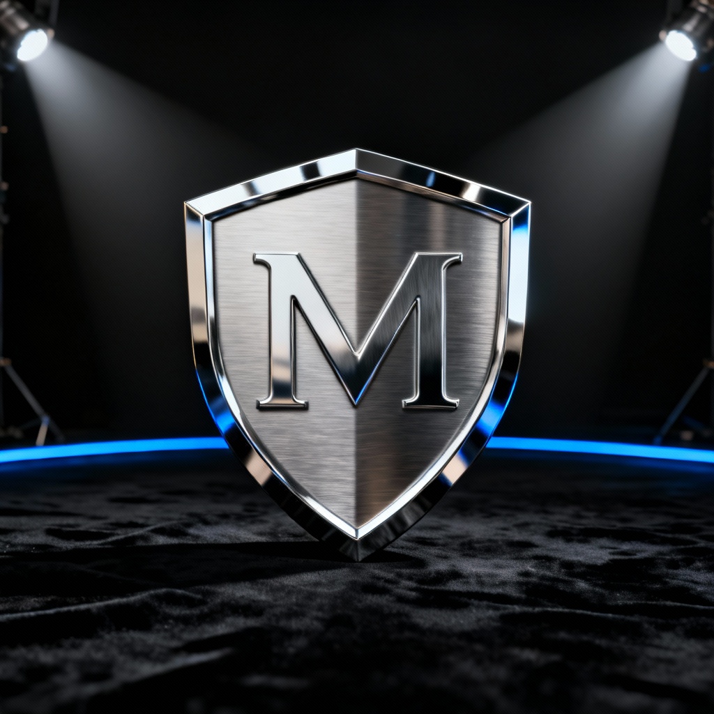 AI 3D chrome metal logo shield with engraved monogram