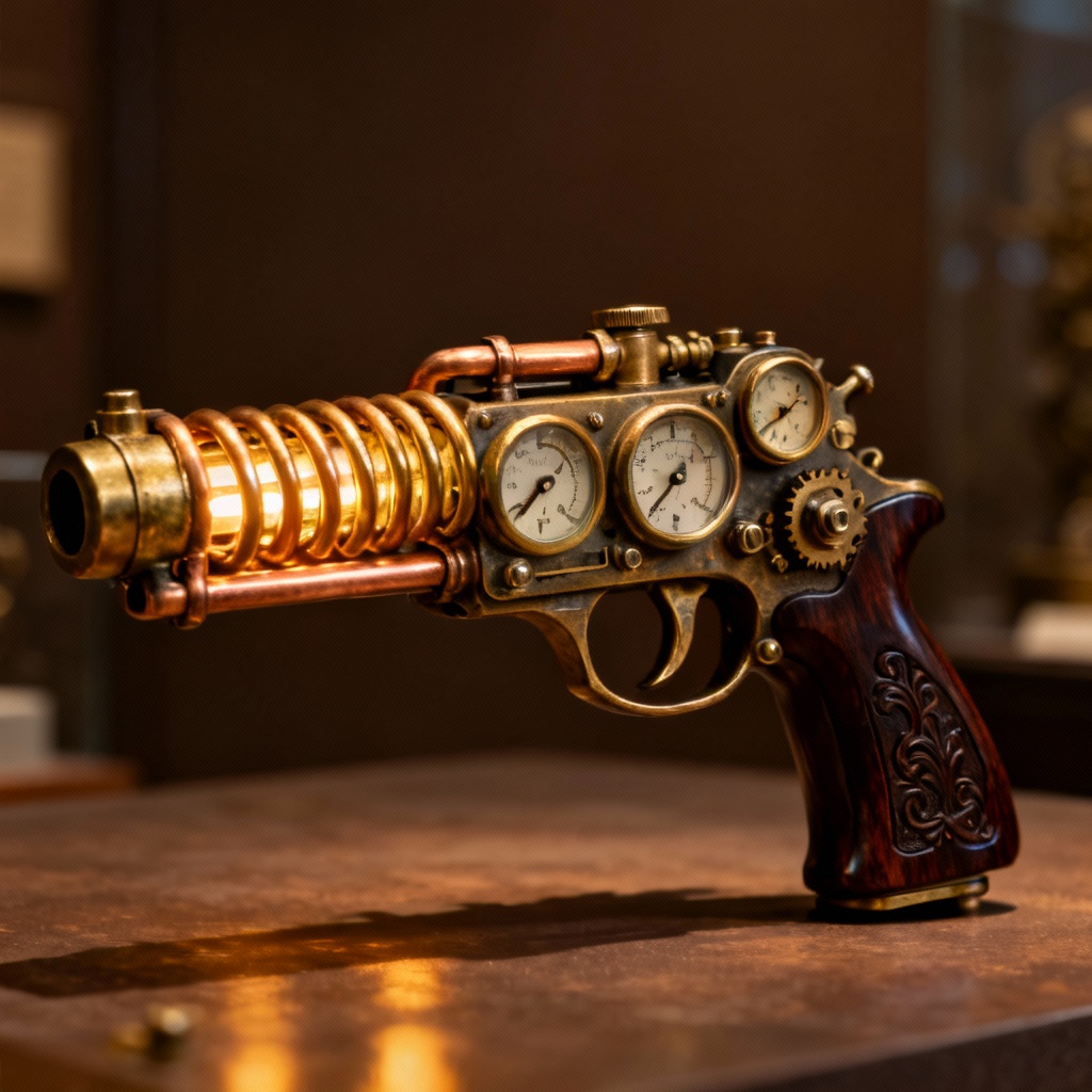 AI steampunk coil pistol prop design