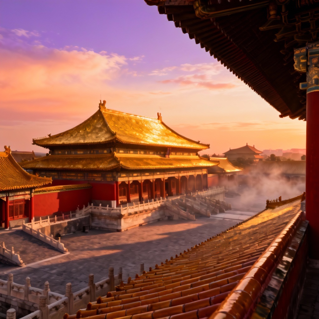 AI Forbidden City panorama with golden roofs at sunset