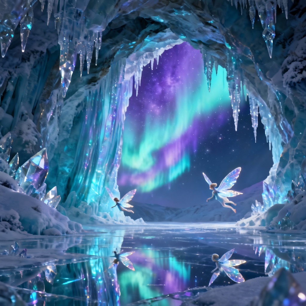 AI fairyland image of an aurora-lit ice cave with crystalline details