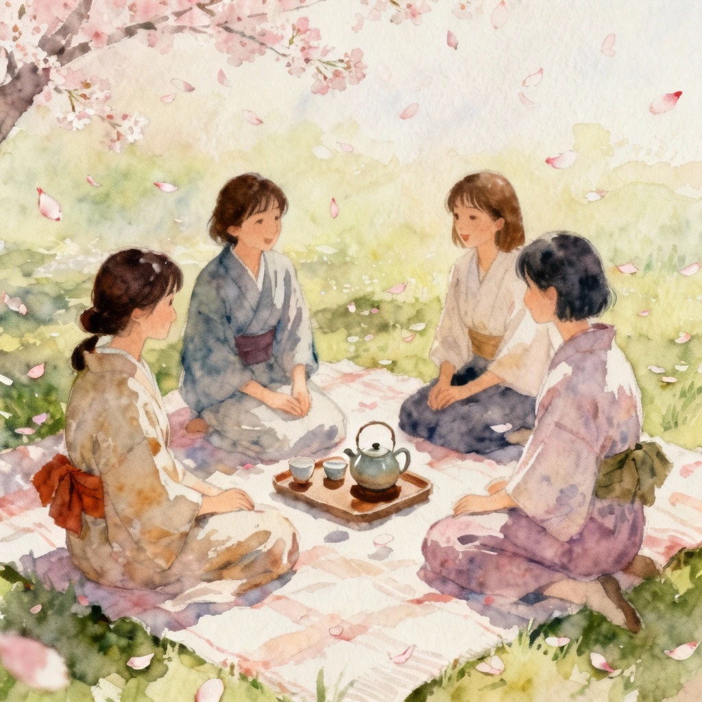 AI watercolor hanami picnic under cherry blossoms