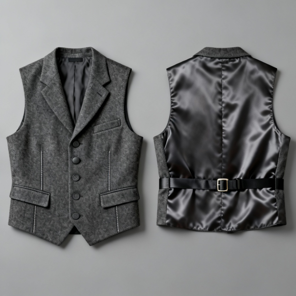 AI-generated modern charcoal waistcoat flat lay mockup