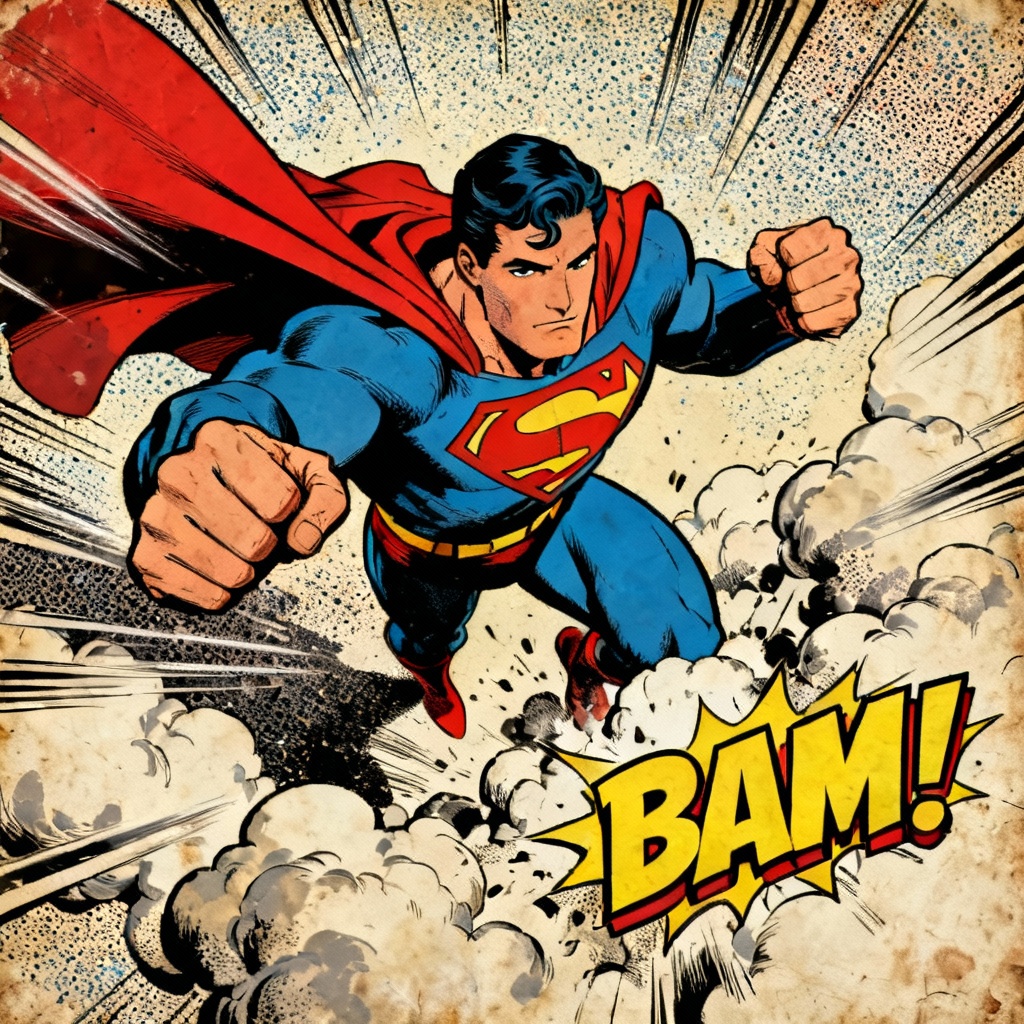 AI comic panel of a Superman-style hero in action