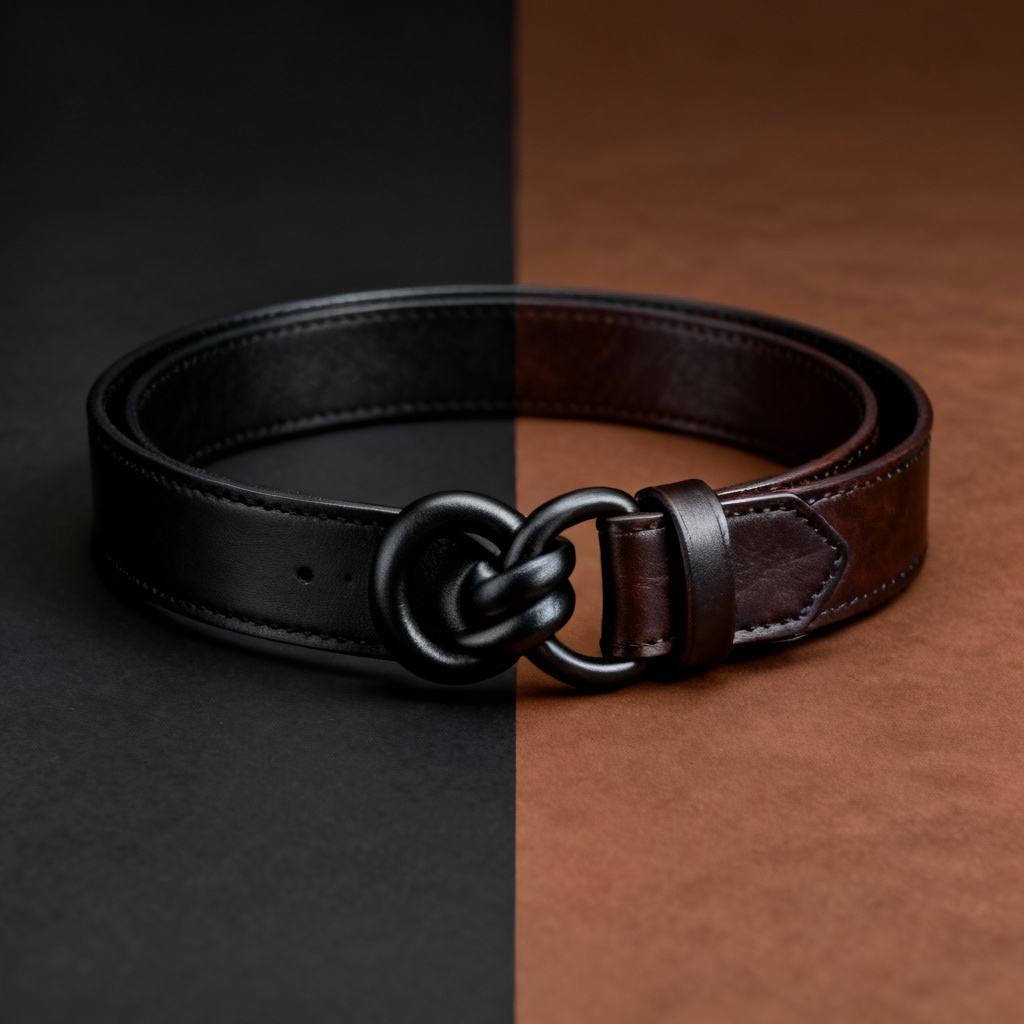 AI reversible black and brown leather belt with twist buckle