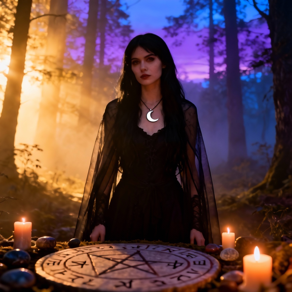 AI witchy goth girlfriend in misty forest