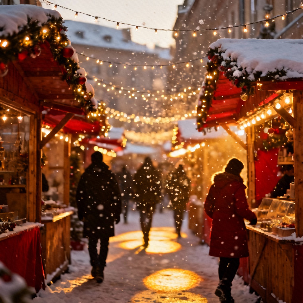 AI snowy Christmas market with warm lights and snow