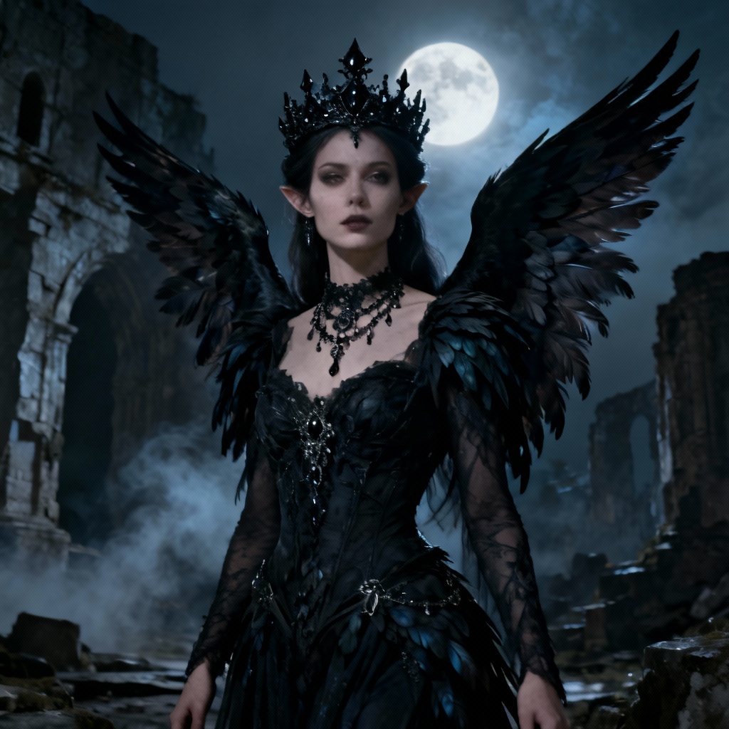 Dark gothic fairy queen with raven feathers