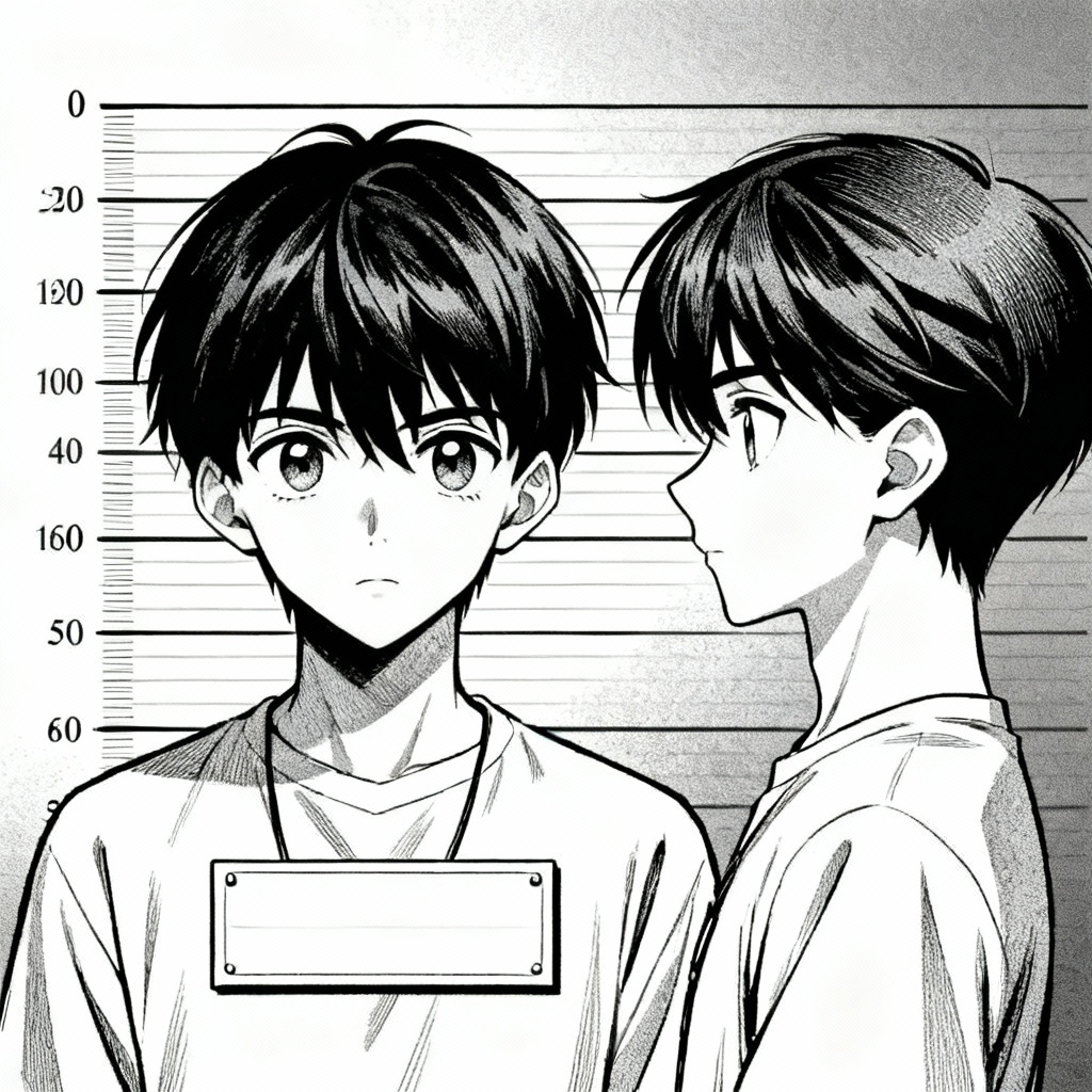 AI anime mugshot panel with front and profile views