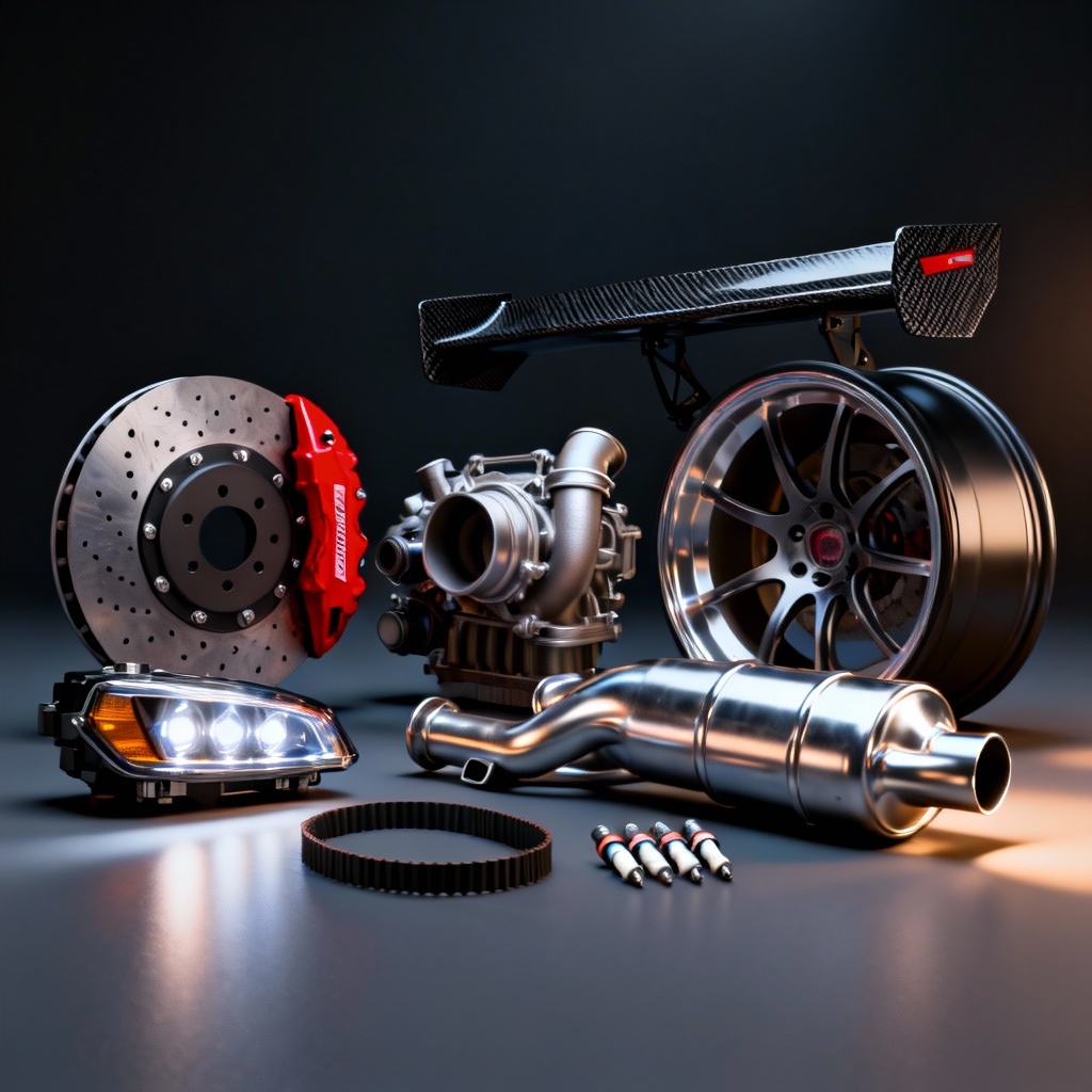 AI generated studio render of various car parts on a dark background