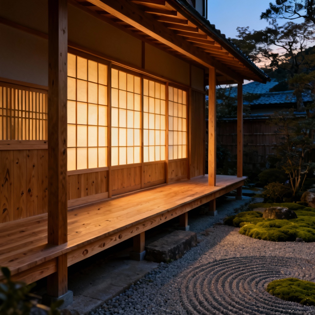 Japanese wooden house with engawa and shoji at twilight