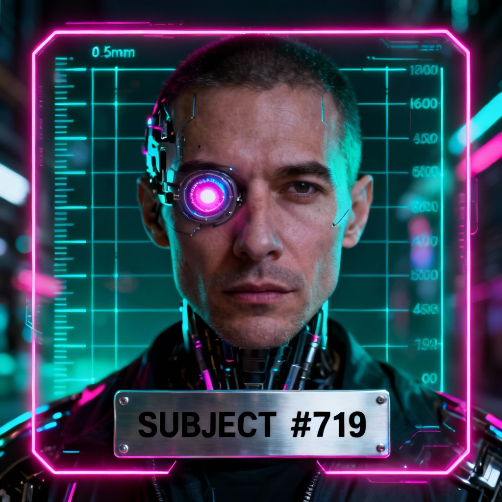 AI cyberpunk mugshot with neon lighting and holographic grid