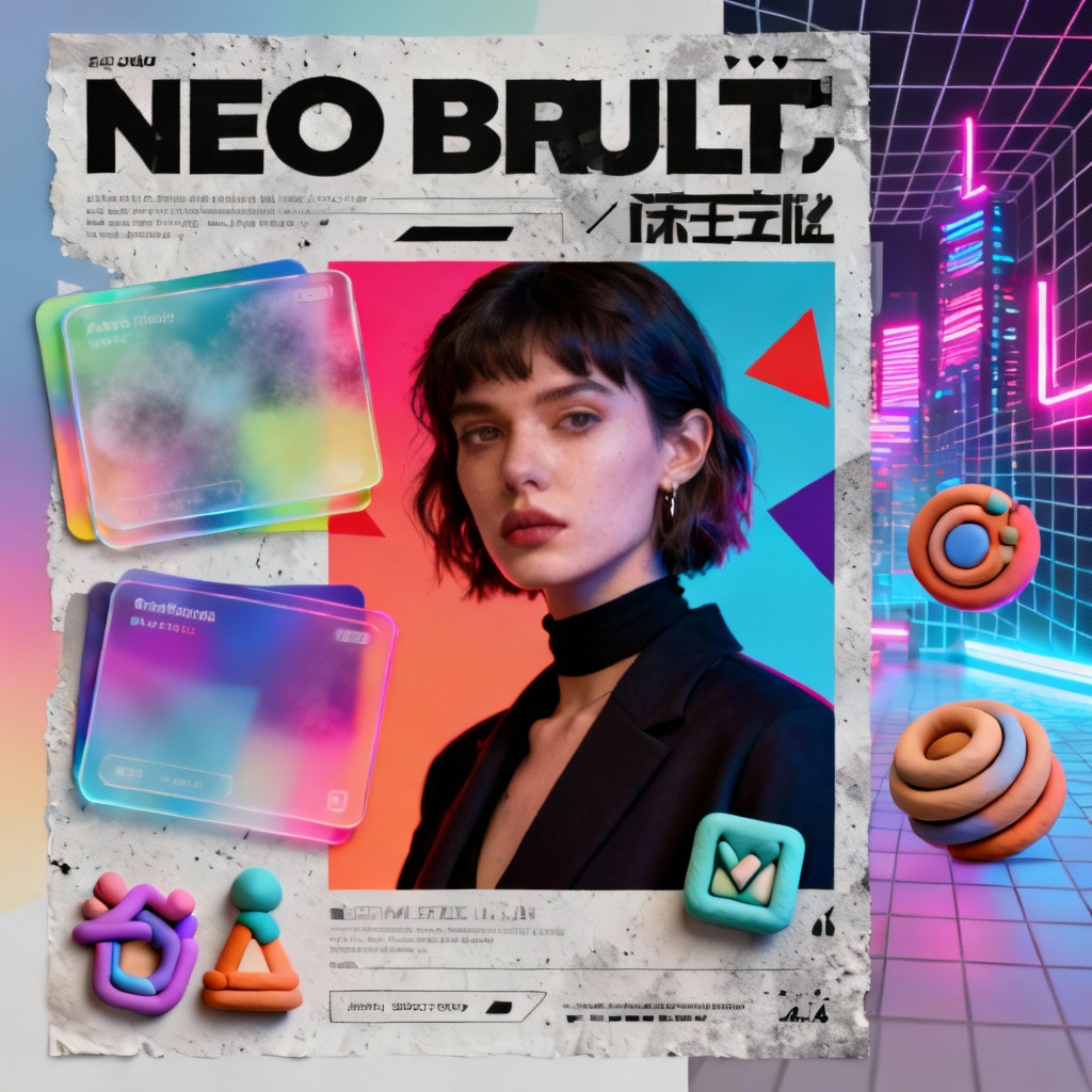 AI contemporary digital style collage featuring gradient mesh, glassmorphism, brutalist poster, and duotone portrait