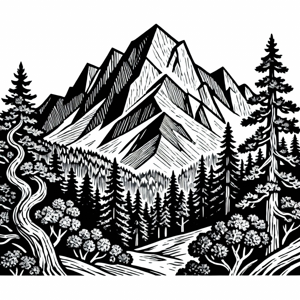 AI wood engraving of a mountain landscape in woodcut style