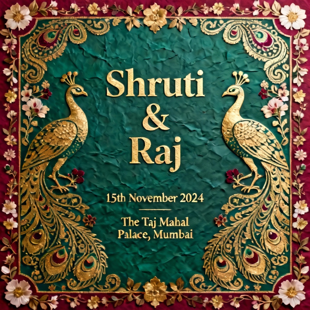 AI illustrated peacock Indian wedding invitation card