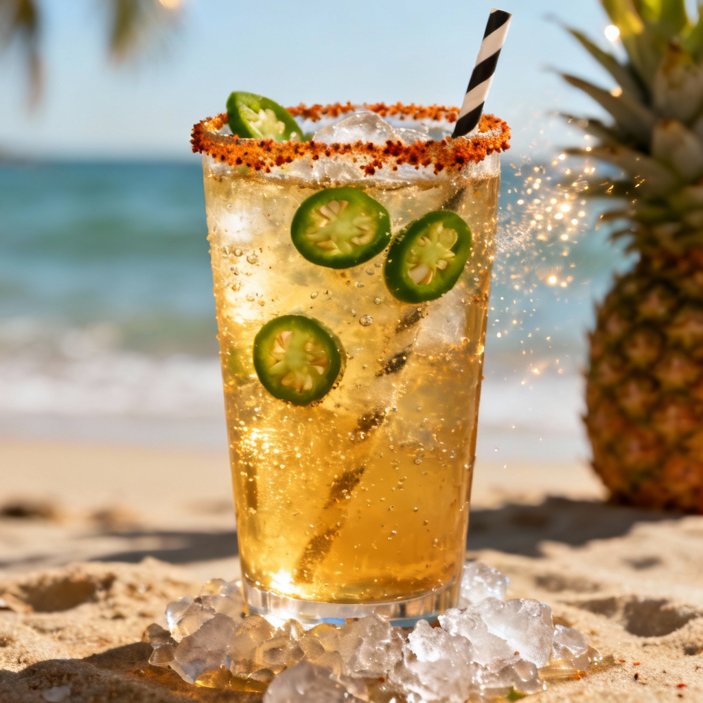 AI image of spicy pineapple highball with jalapeno slices and tajin rim