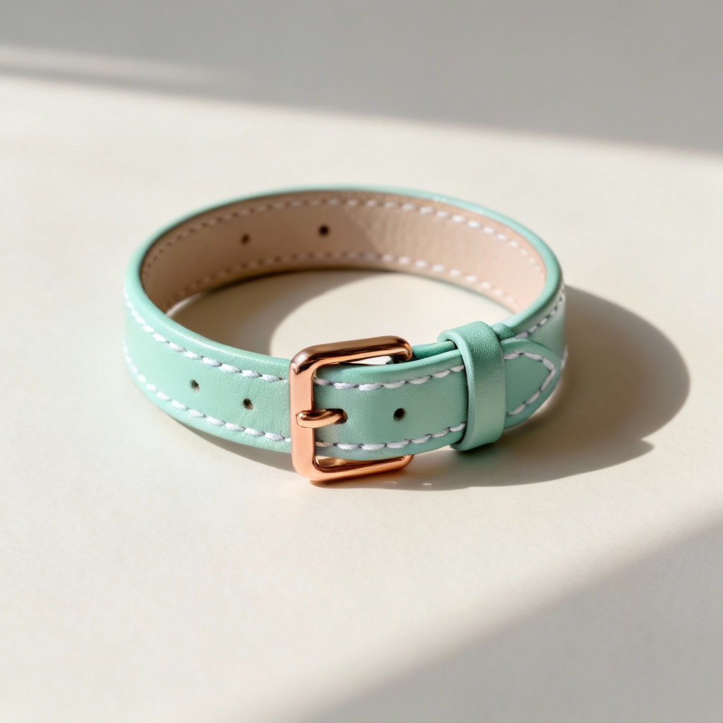 AI vegan PU leather pastel mint wristband with rose gold buckle