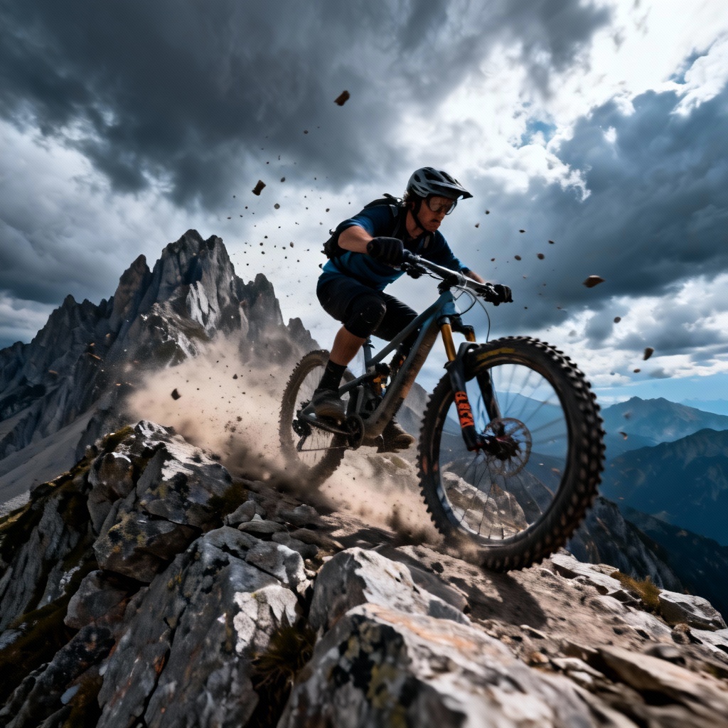 AI enduro MTB rider descending a rocky alpine ridge