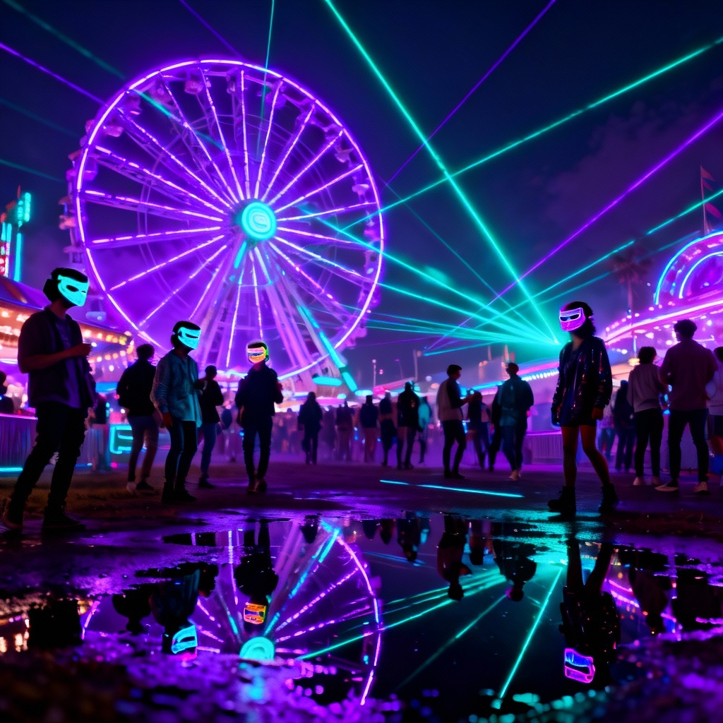 AI neon cyber carnival with lasers and ferris wheel