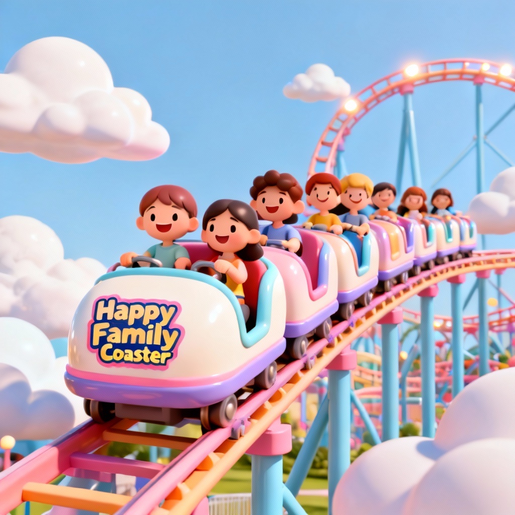 AI family roller coaster in a colorful cartoon style park