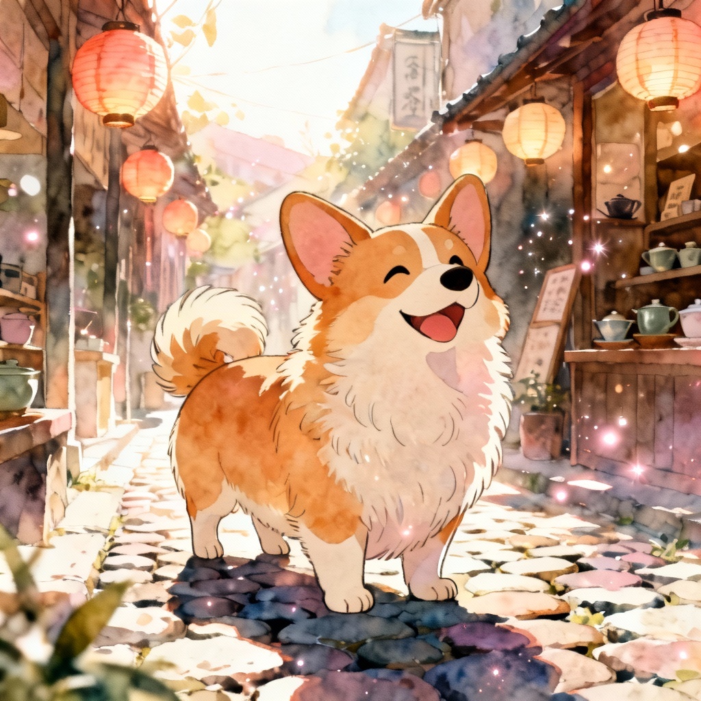 Ghibli-style corgi smiling on a cozy tea street