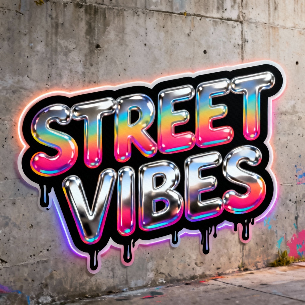 Chrome bubble letter graffiti with neon gradients on concrete