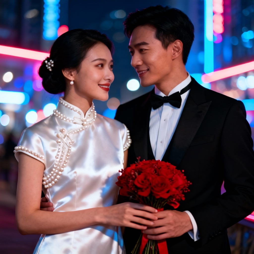 AI modern Chinese wedding pre-wedding shoot with Qipao at night