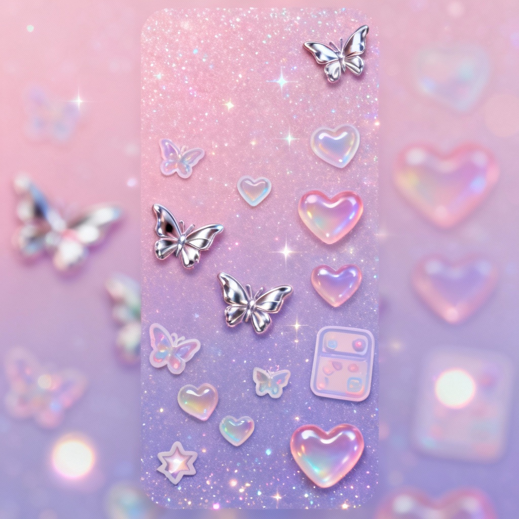 AI Y2K glitter phone wallpaper with butterflies and sparkles