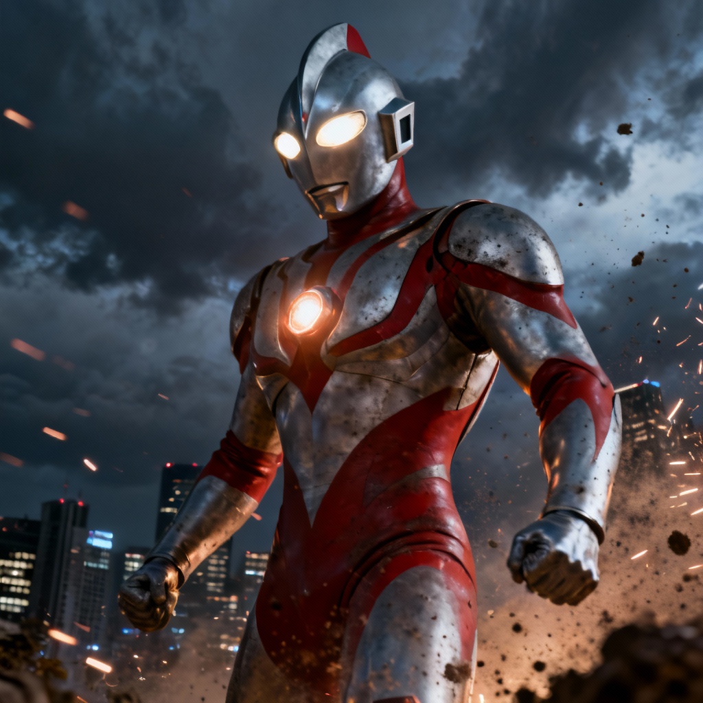AI Ultraman-style armored hero on a city rooftop at night
